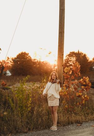 beautiful senior girl, sunset, violin