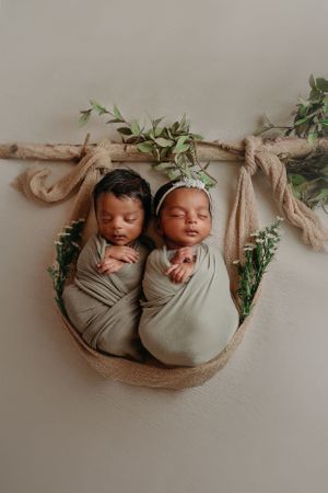 newborn session in Centralia, IL studio session, baby girl and boy, siblings, foliage, wrapped